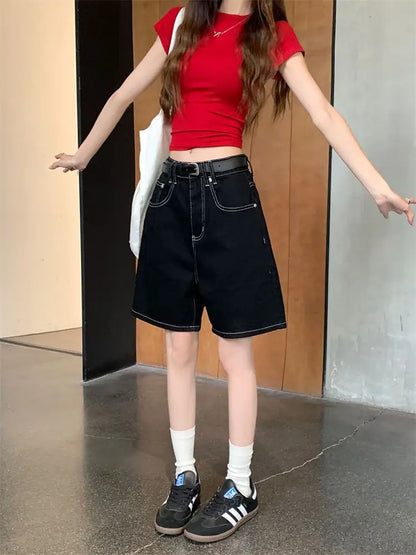 Women’s High-Waisted Black Wide-Leg Denim Shorts