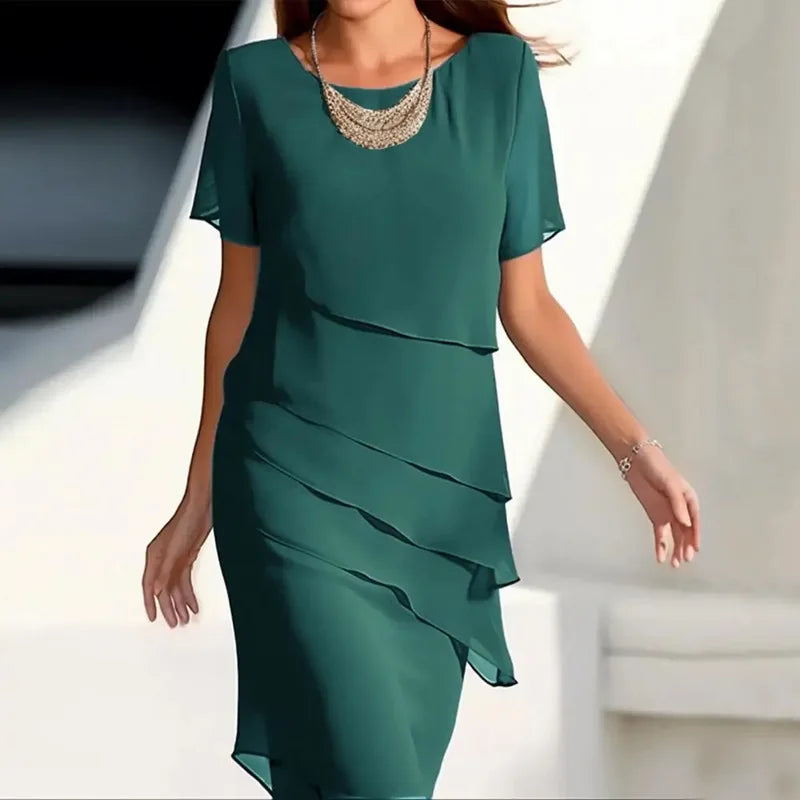 Women's Party Dress Chiffon Short Sleeve Round Neck Layered Asymmetrical Hem Formal Cocktail Dress ﻿
