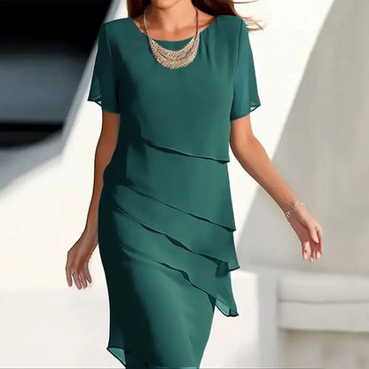 Women's Party Dress Chiffon Short Sleeve Round Neck Layered Asymmetrical Hem Formal Cocktail Dress ﻿