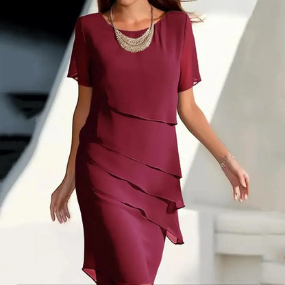 Women's Party Dress Chiffon Short Sleeve Round Neck Layered Asymmetrical Hem Formal Cocktail Dress ﻿