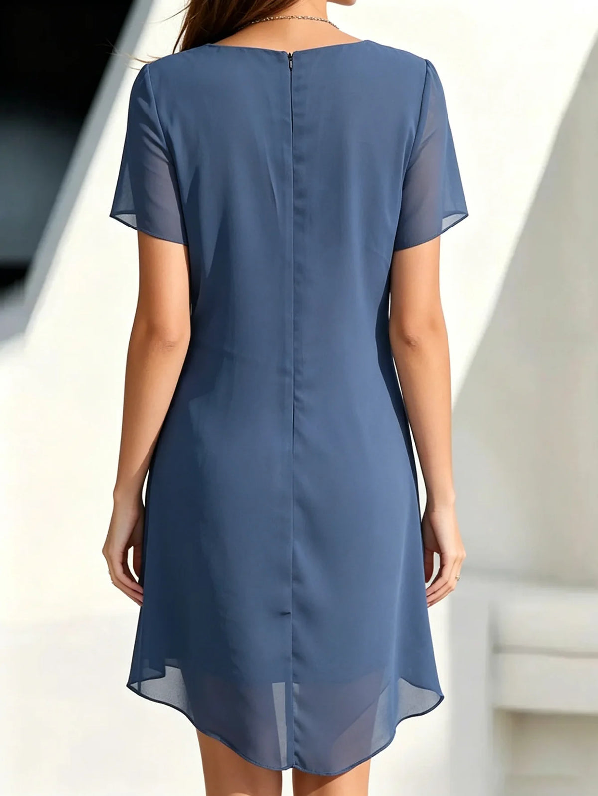 Women's Party Dress Chiffon Short Sleeve Round Neck Layered Asymmetrical Hem Formal Cocktail Dress ﻿
