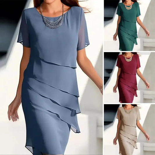 Women's Party Dress Chiffon Short Sleeve Round Neck Layered Asymmetrical Hem Formal Cocktail Dress ﻿