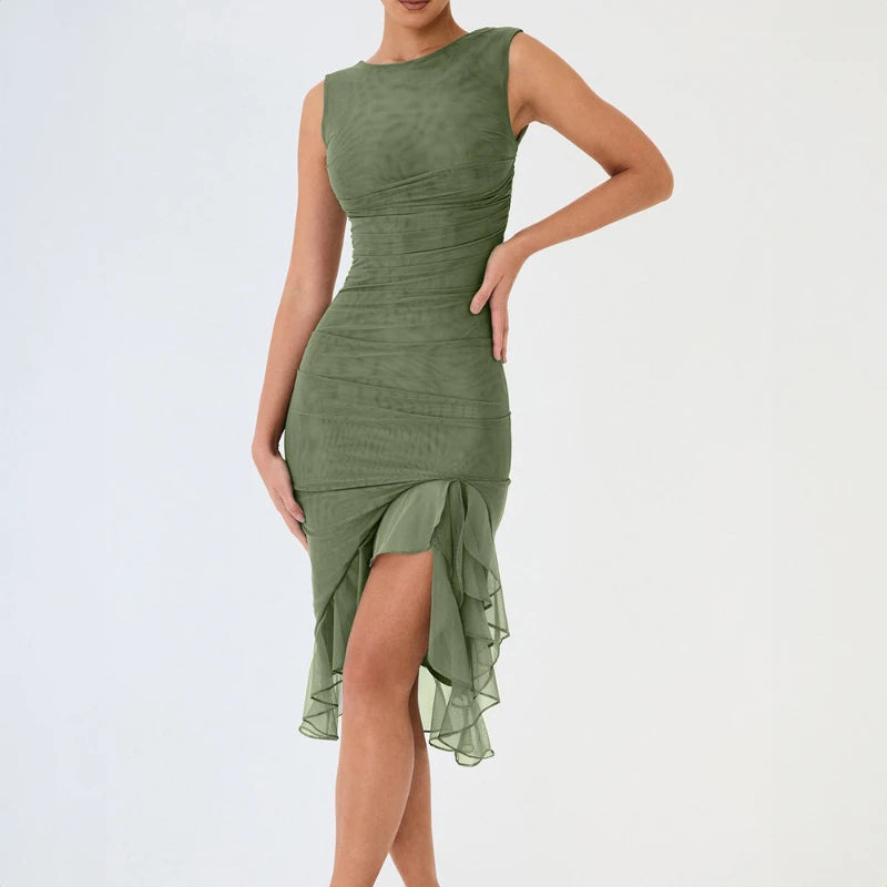 Women’s Sleeveless Mesh Ruched Midi Dress