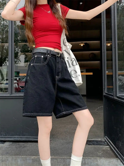 Women’s High-Waisted Black Wide-Leg Denim Shorts