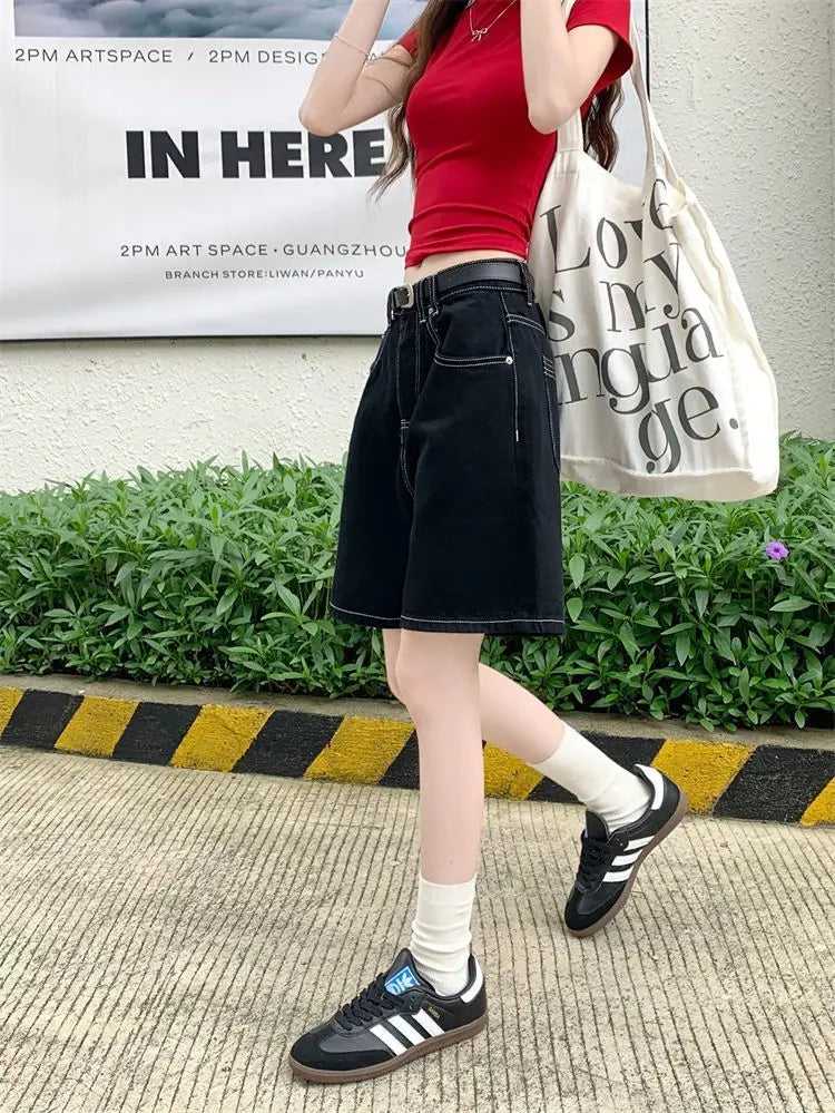 Women’s High-Waisted Black Wide-Leg Denim Shorts