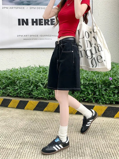 Women’s High-Waisted Black Wide-Leg Denim Shorts