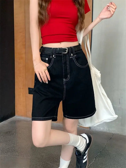 Women’s High-Waisted Black Wide-Leg Denim Shorts