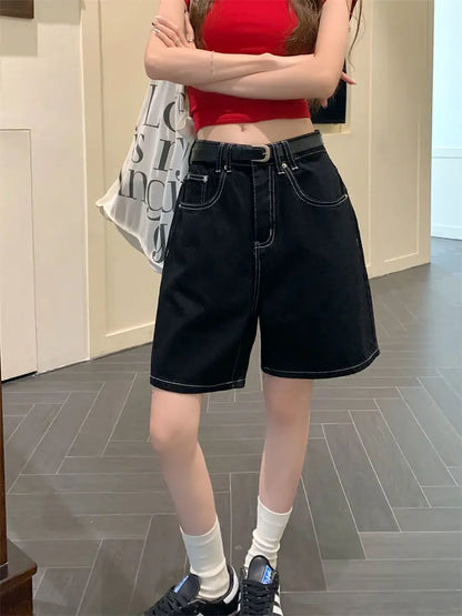 Women’s High-Waisted Black Wide-Leg Denim Shorts
