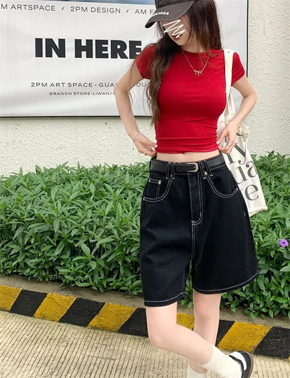 Women’s High-Waisted Black Wide-Leg Denim Shorts