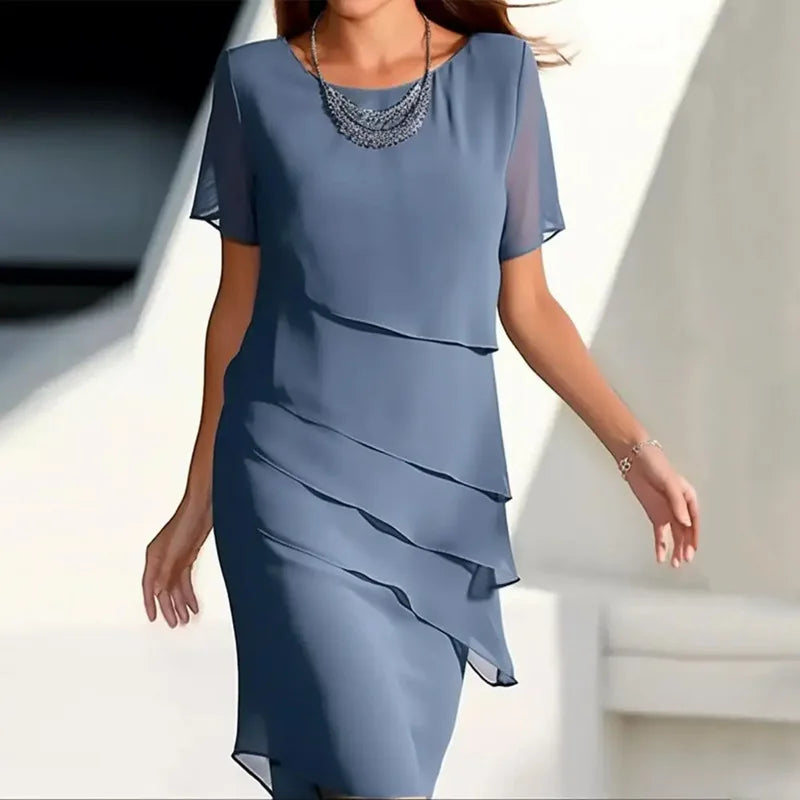 Women's Party Dress Chiffon Short Sleeve Round Neck Layered Asymmetrical Hem Formal Cocktail Dress ﻿