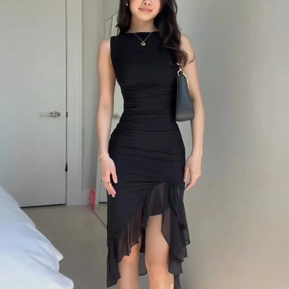 Women’s Sleeveless Mesh Ruched Midi Dress